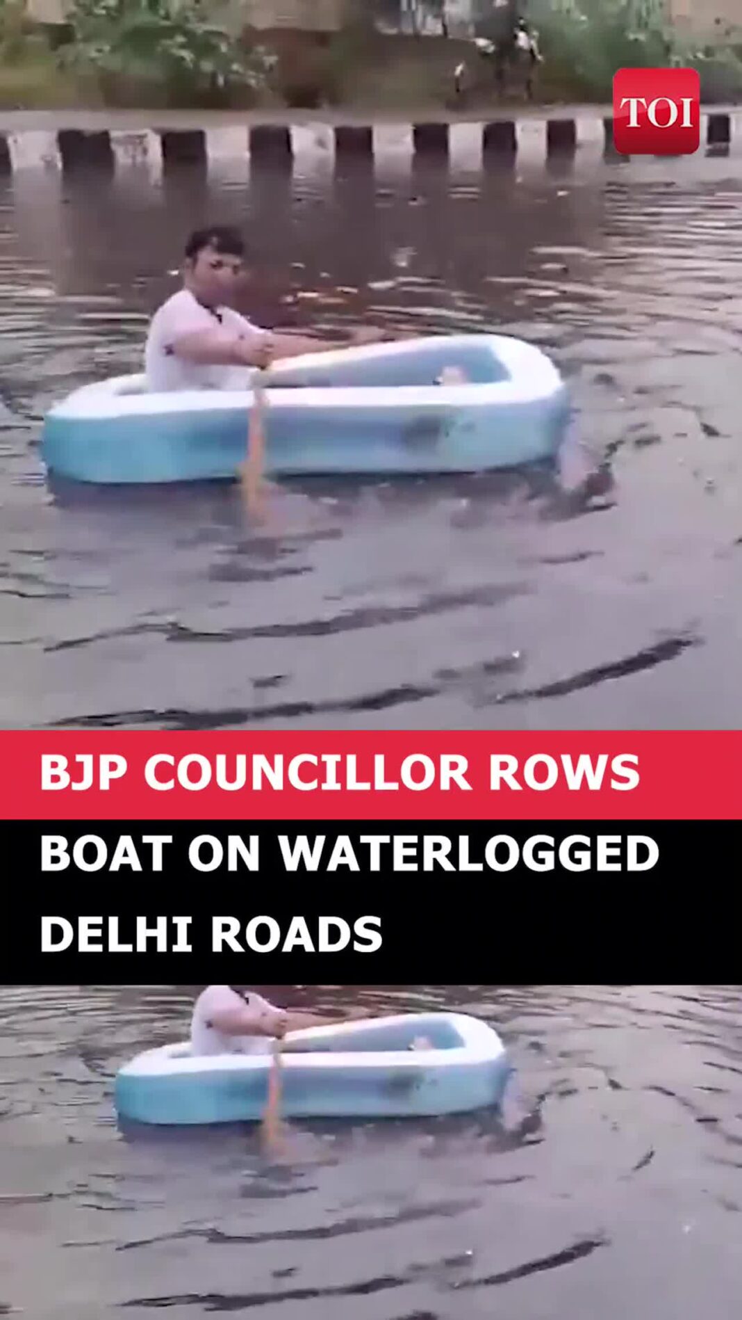 bjp-councillor-rows-boat-on-delhi-roads;-blames-aap-for-mess-after-rains